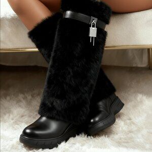 Black Fluffy Women's Knee Snow Boots